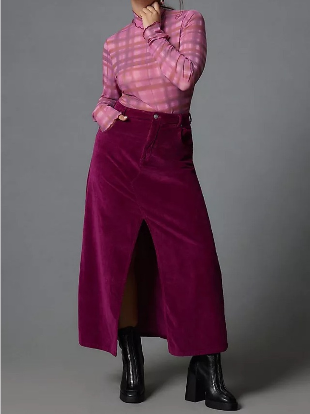 Anthropologie Pilcro The Madi Front-Slit Corduroy Skirt Size 4 Magenta Purple